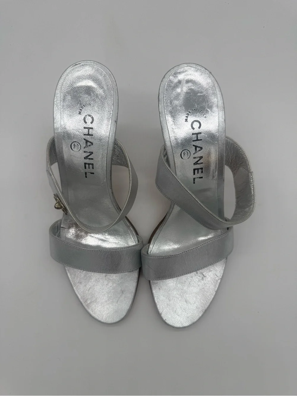 CHANEL Silver Metallic CC Turnlock Mules Heels 38
